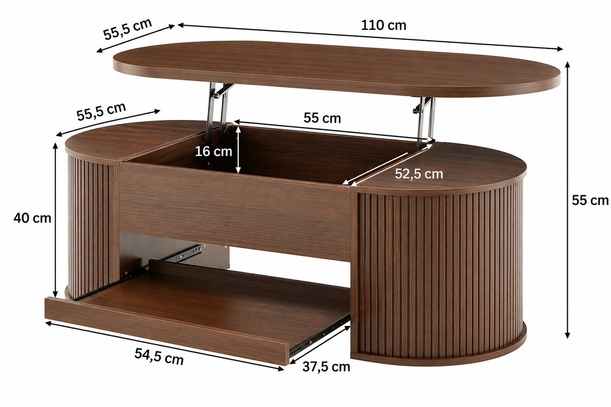 Dimensions de Table Basse Relevable Ovale Cannelée Style Noyer avec Rangement