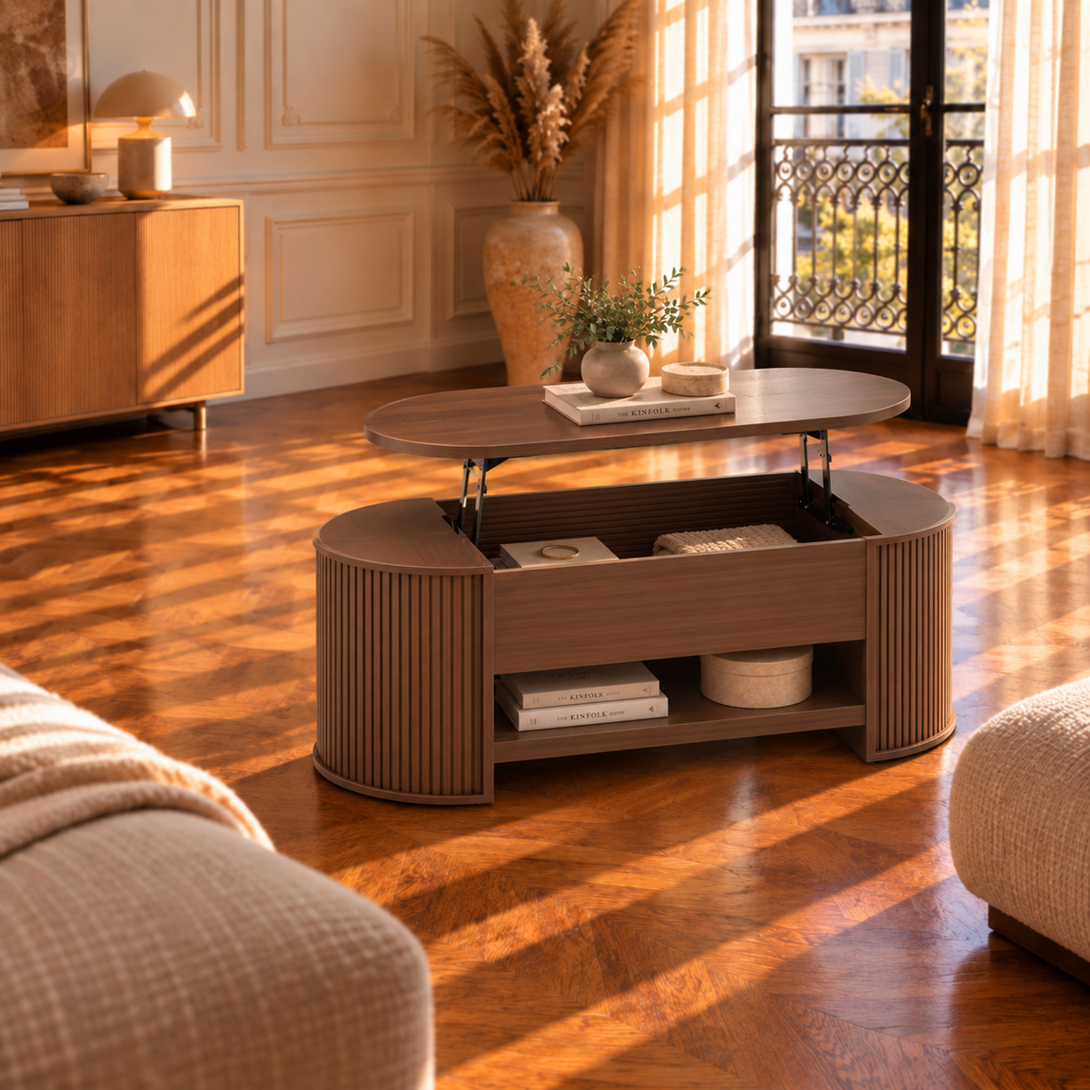 Table Basse Relevable Ovale Cannelée Style Noyer avec Rangement