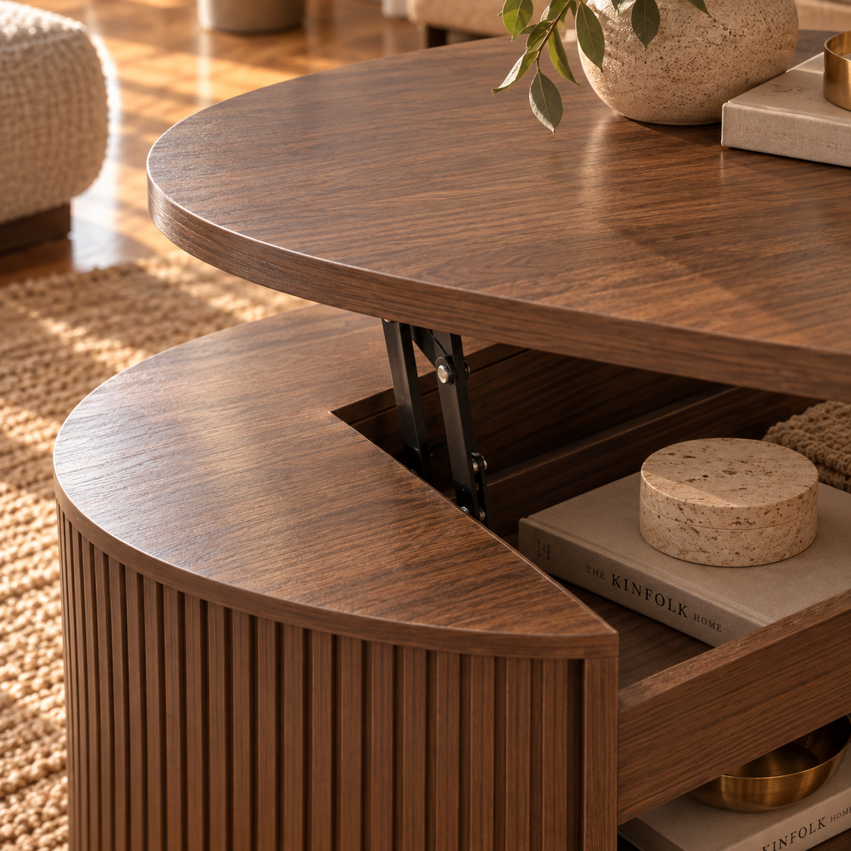 Table Basse Relevable Ovale Cannelée Style Noyer avec Rangement