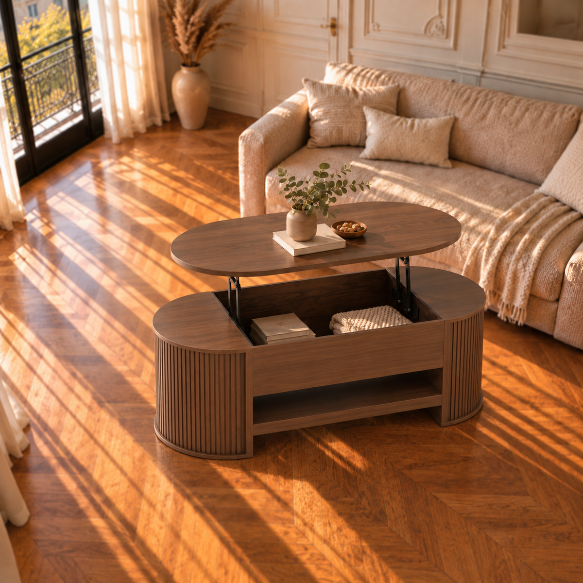Table Basse Relevable Ovale Cannelée Style Noyer avec Rangement