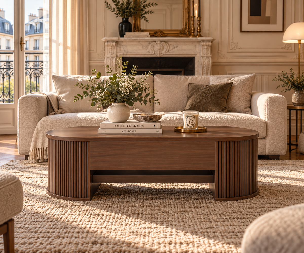 Table Basse Relevable Ovale Cannelée Style Noyer avec Rangement