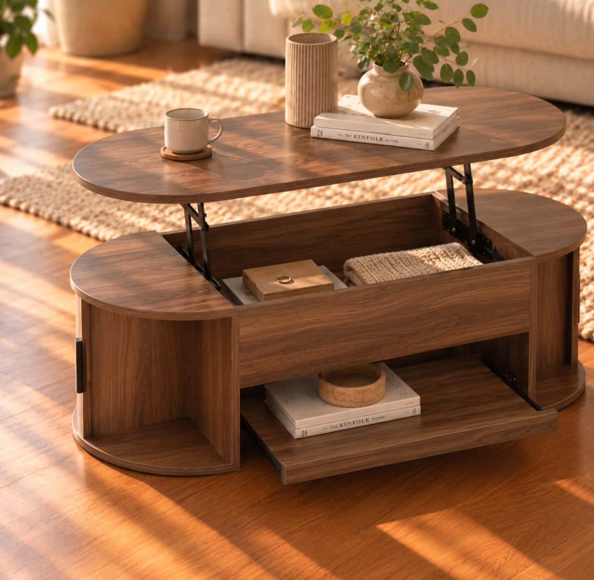 Table Basse Relevable Ovale Cannelée Style Noyer avec Rangement