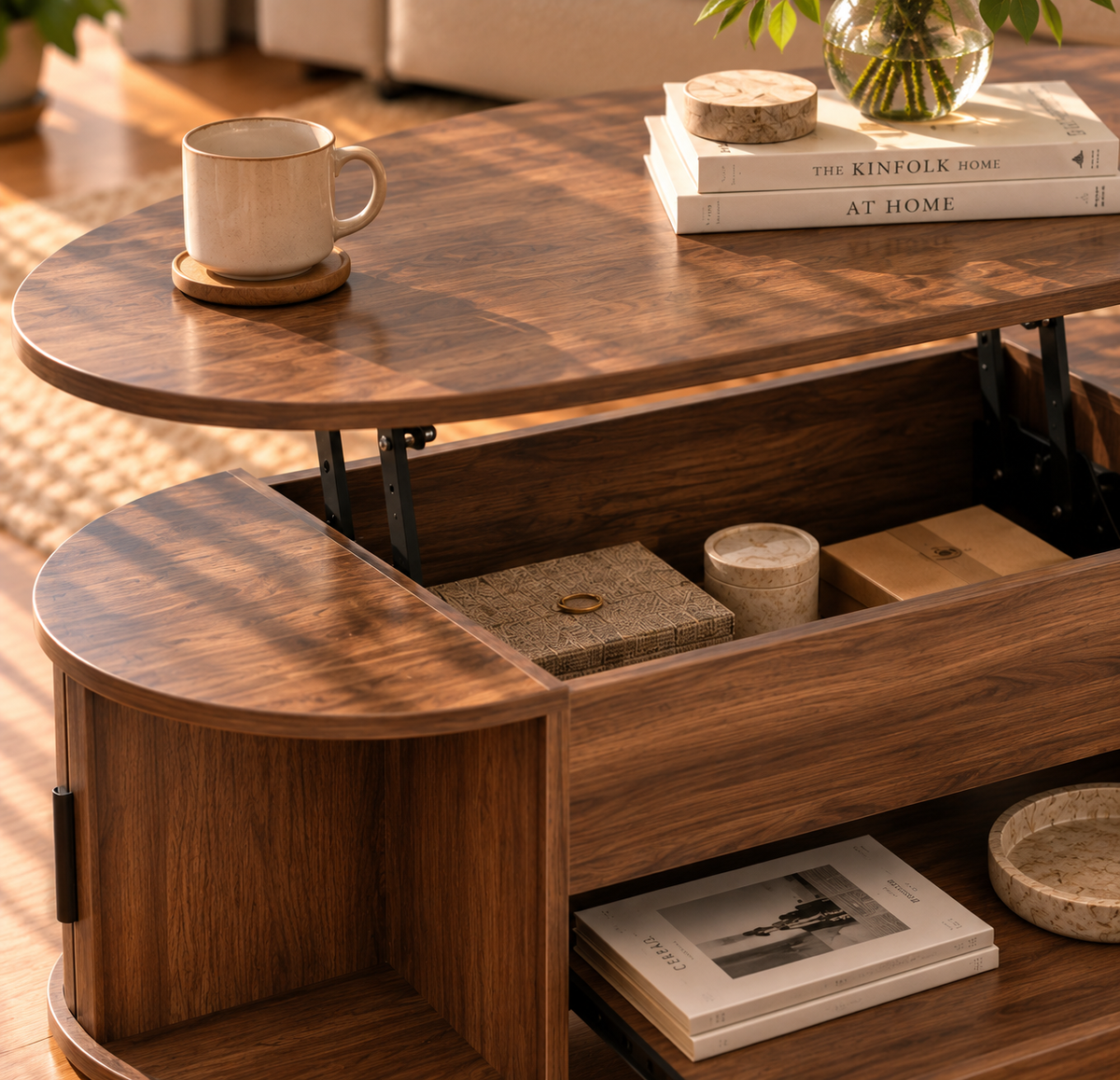 Table Basse Relevable Ovale Cannelée Style Noyer avec Rangement