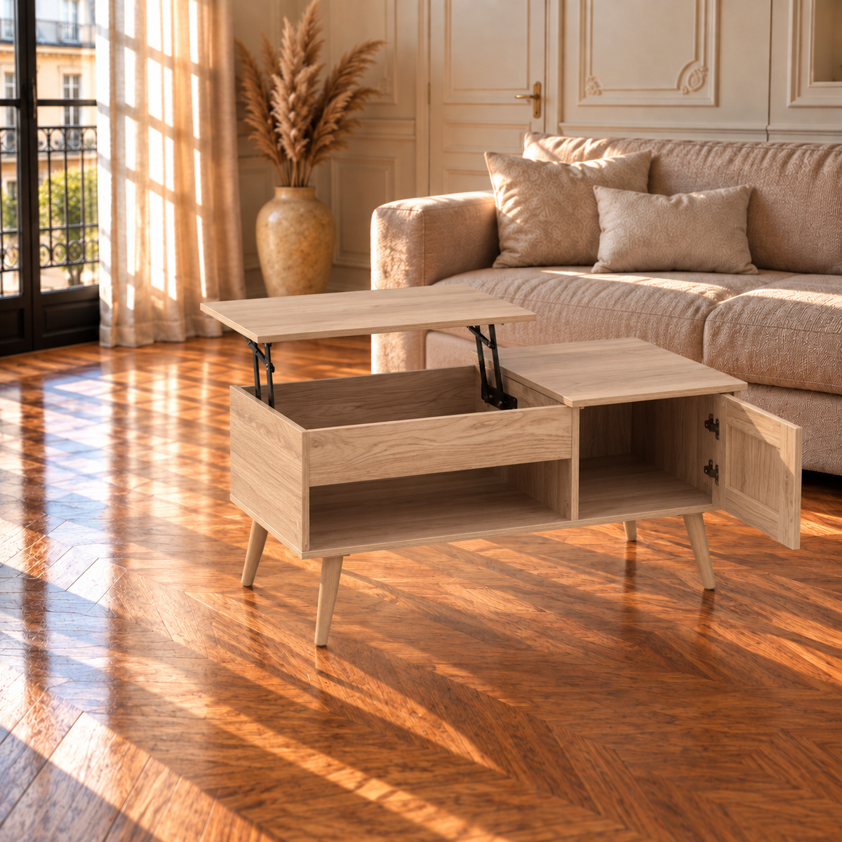 Table Basse Relevable Style Chêne Clair avec Rangement et Placard