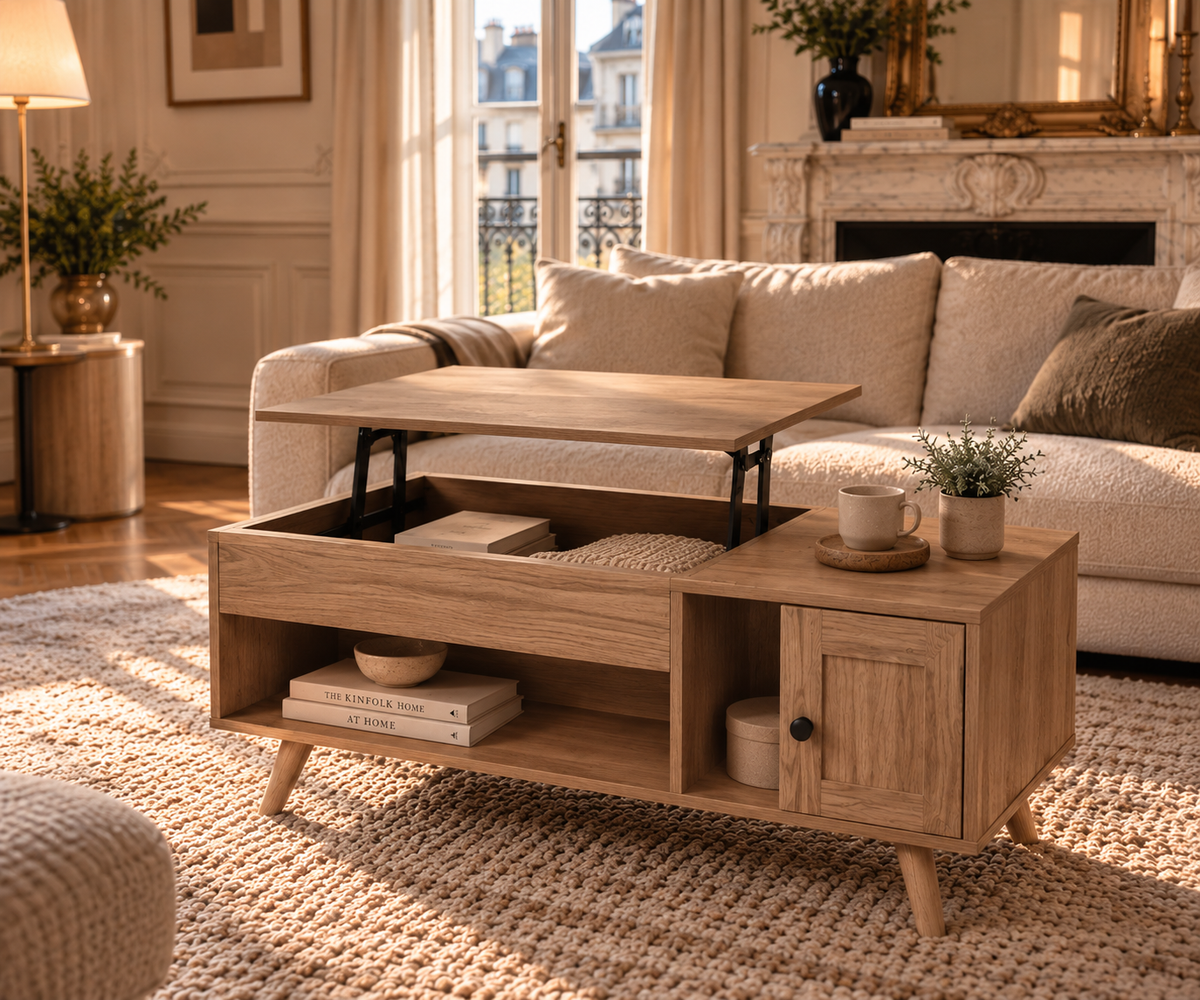 Table Basse Relevable Style Chêne Clair avec Rangement et Placard