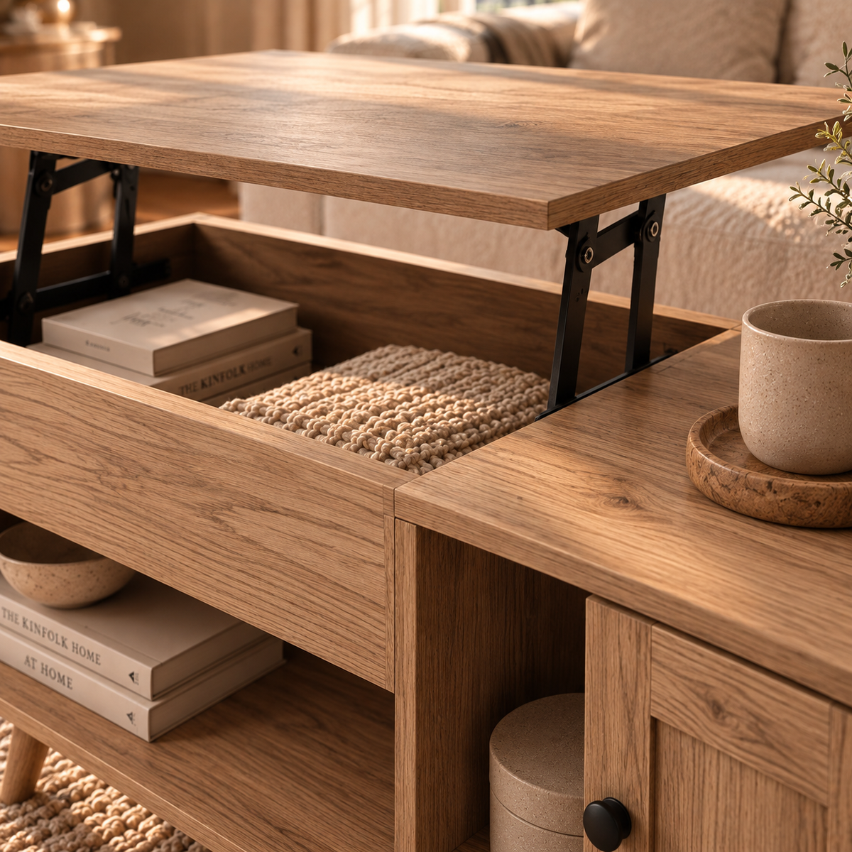 Table Basse Relevable Style Chêne Clair avec Rangement et Placard