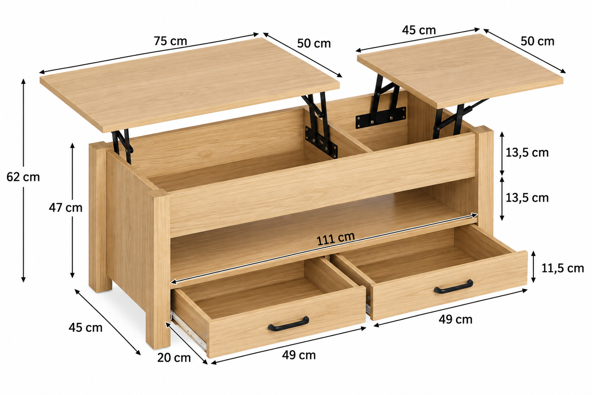 Dimensions de Table Basse Relevable Double Plateau avec Tiroirs et Rangement