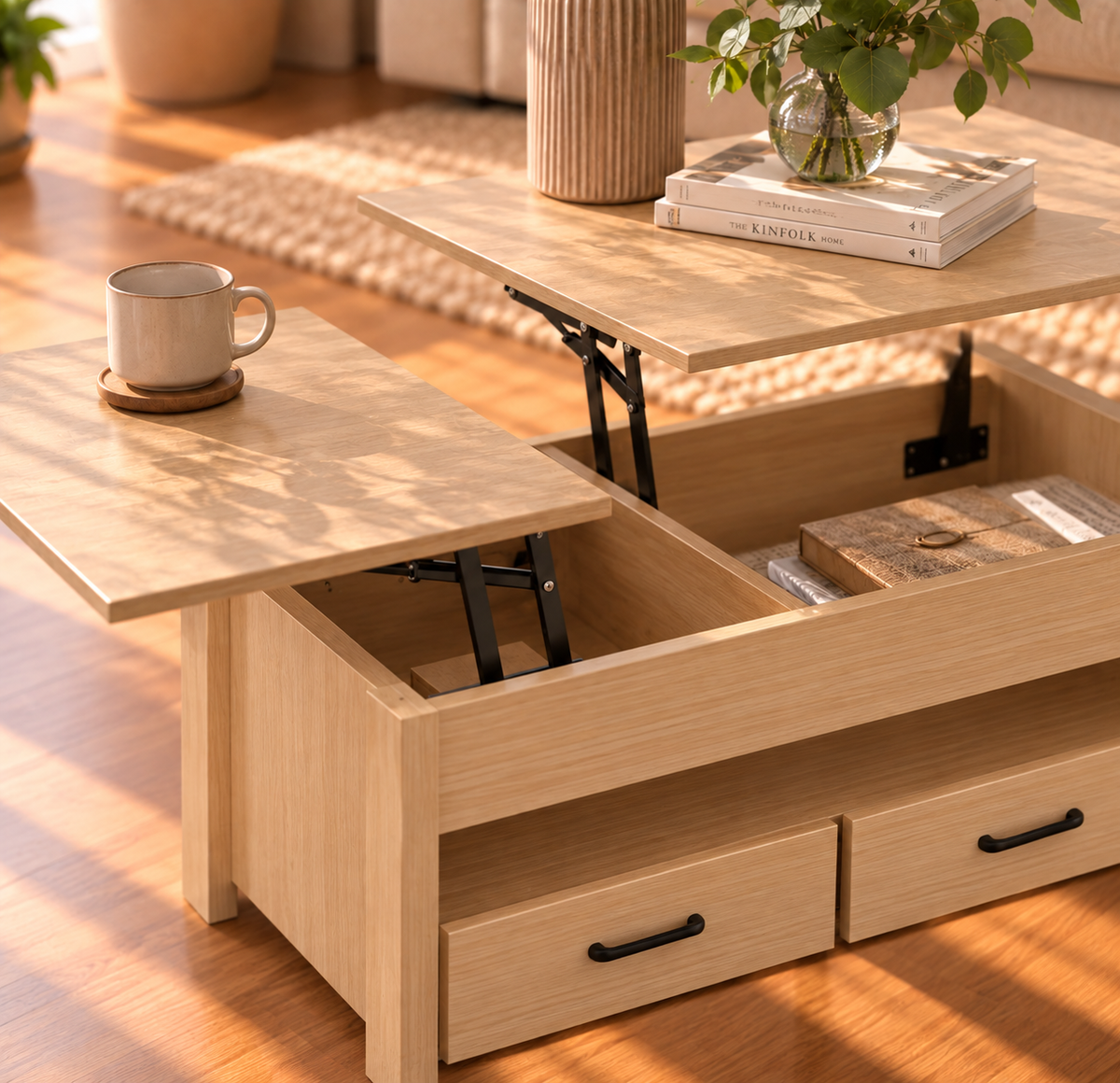 Table Basse Relevable Double Plateau avec Tiroirs et Rangement
