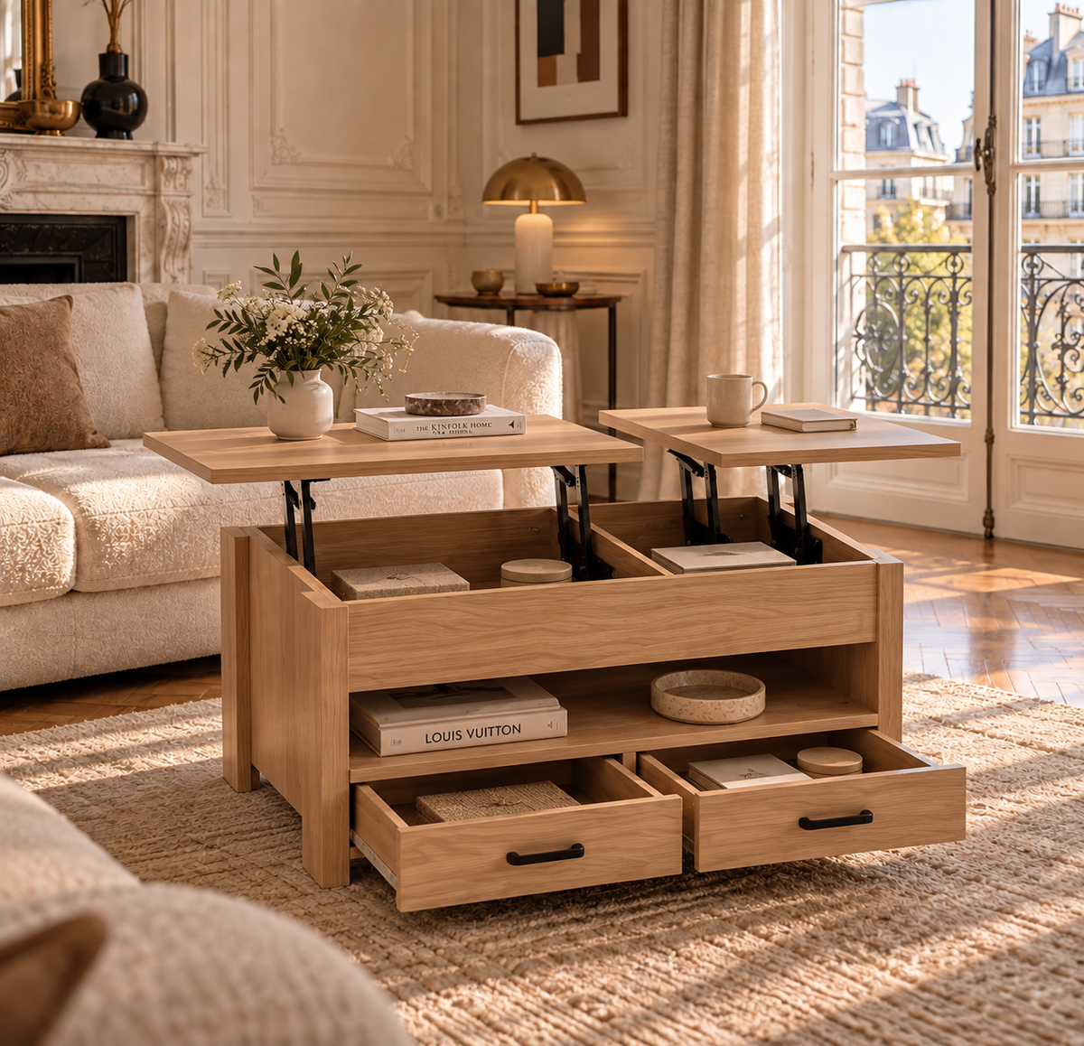 Table Basse Relevable Double Plateau avec Tiroirs et Rangement
