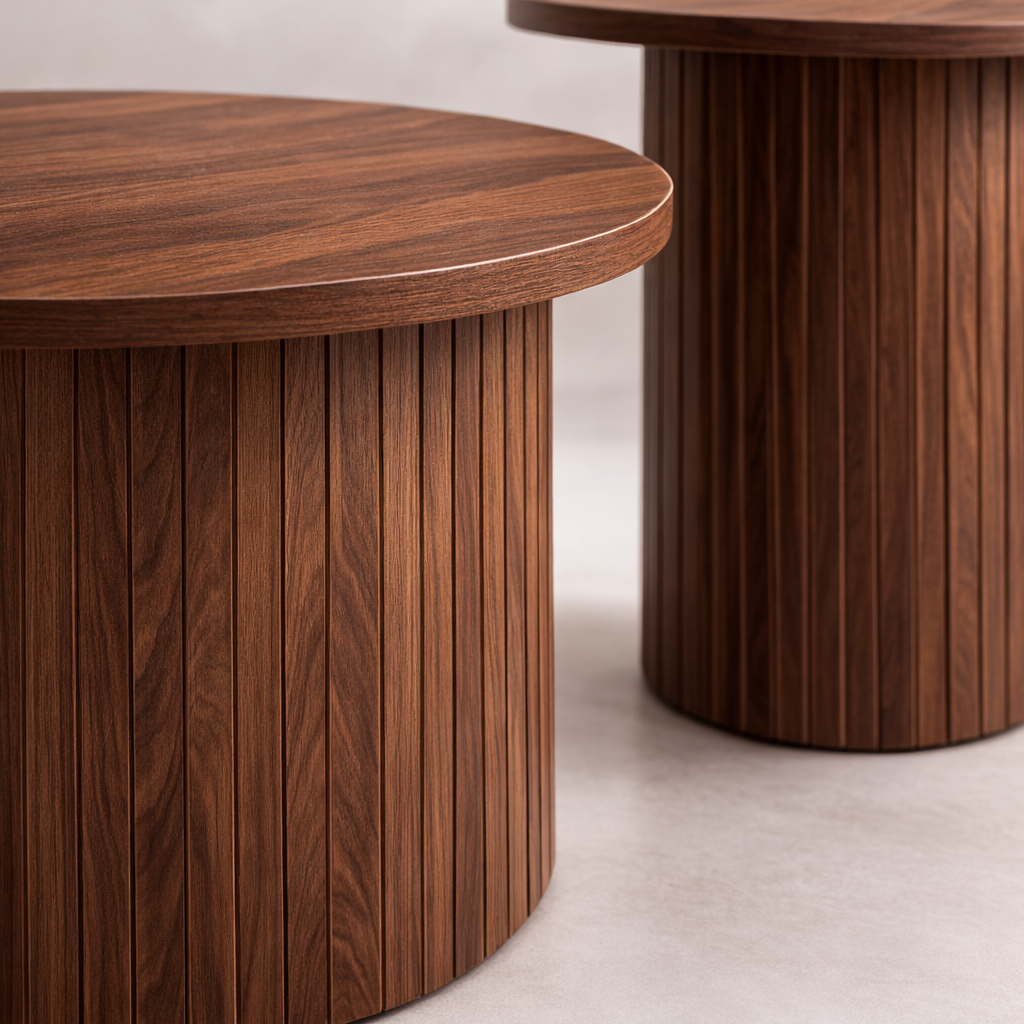 Tables basses gigognes rondes effet bois – lot de 2 – piètement colonne rainurée