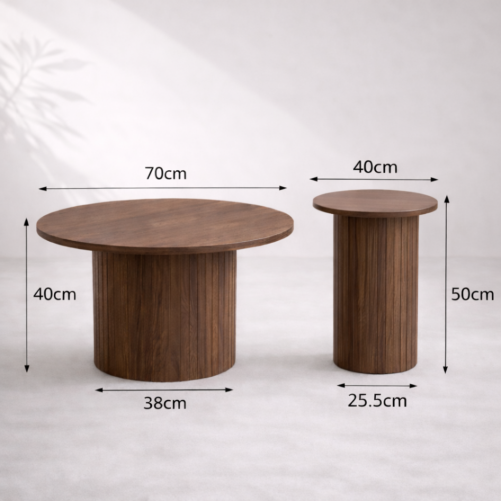 Tables basses gigognes rondes effet bois – lot de 2 – piètement colonne rainurée